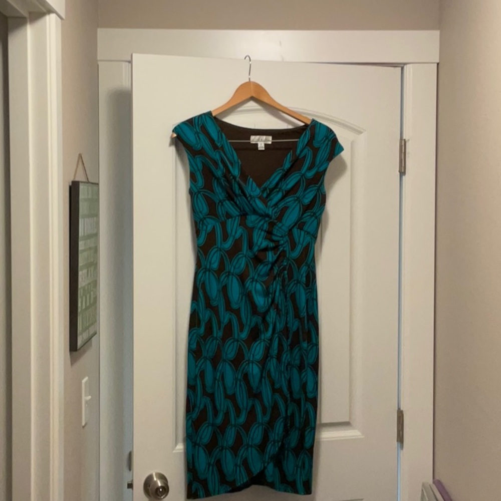 Women’s London Style brown and teal faux wrap dress. Size 6.